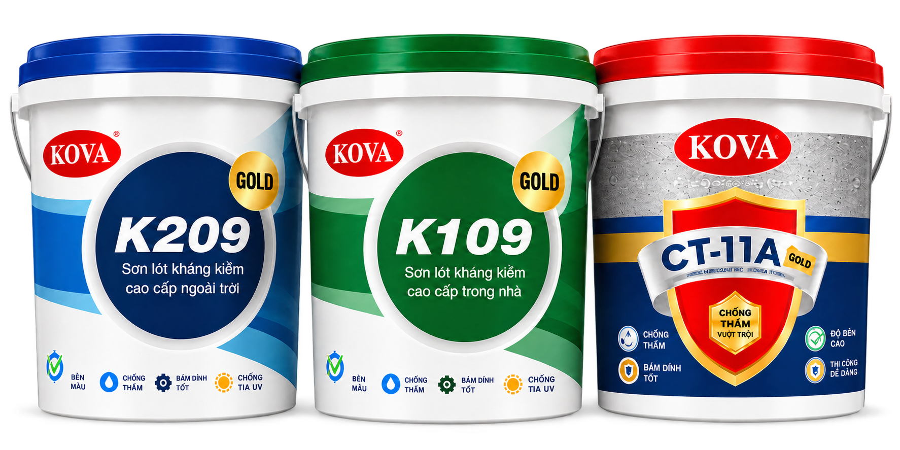 Ba thùng sơn KOVA mặt trước: K209, K109 và CT-11A